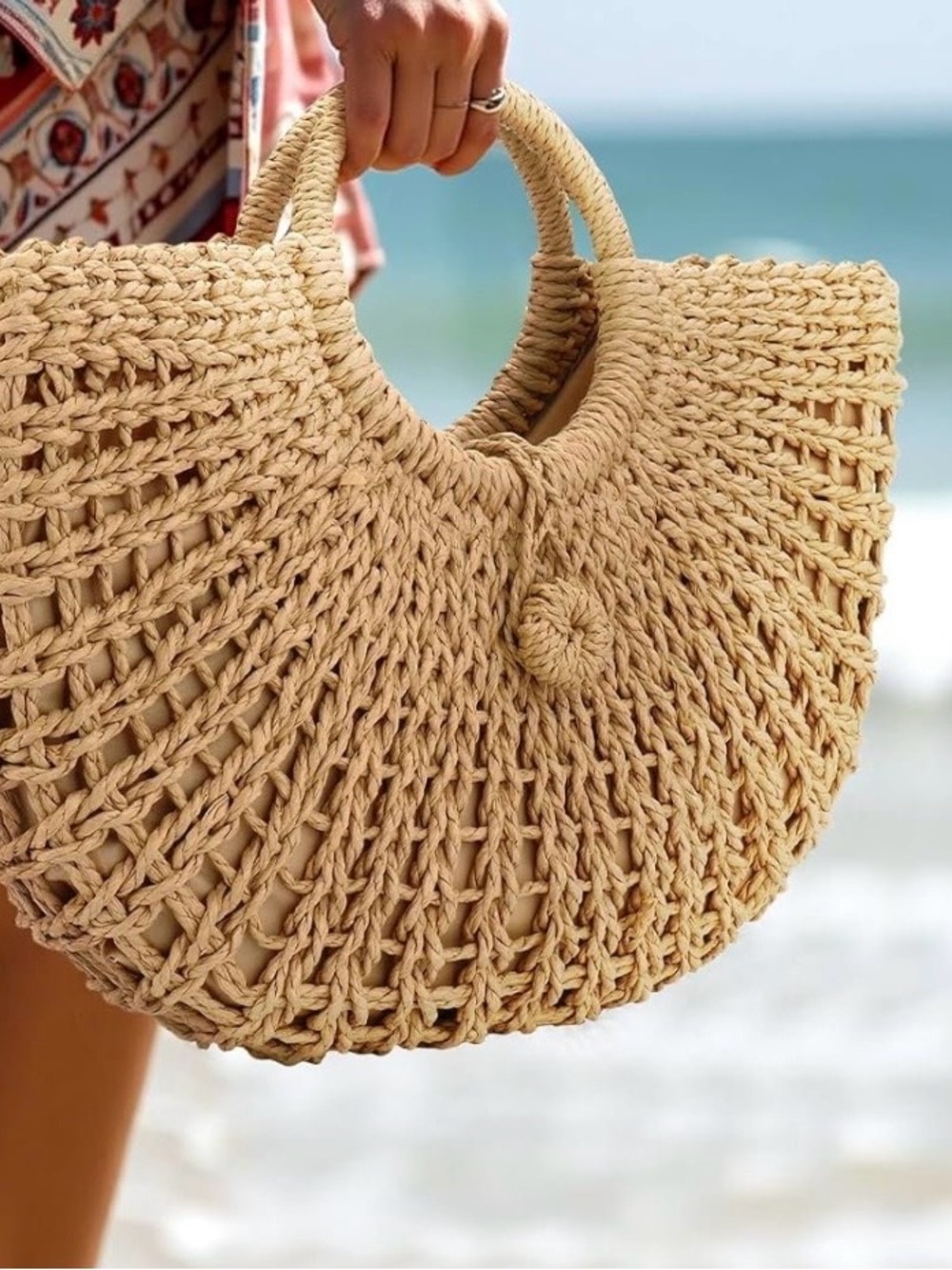 Handwoven Straw Circle-Handle Tote Bag in Natural Brown